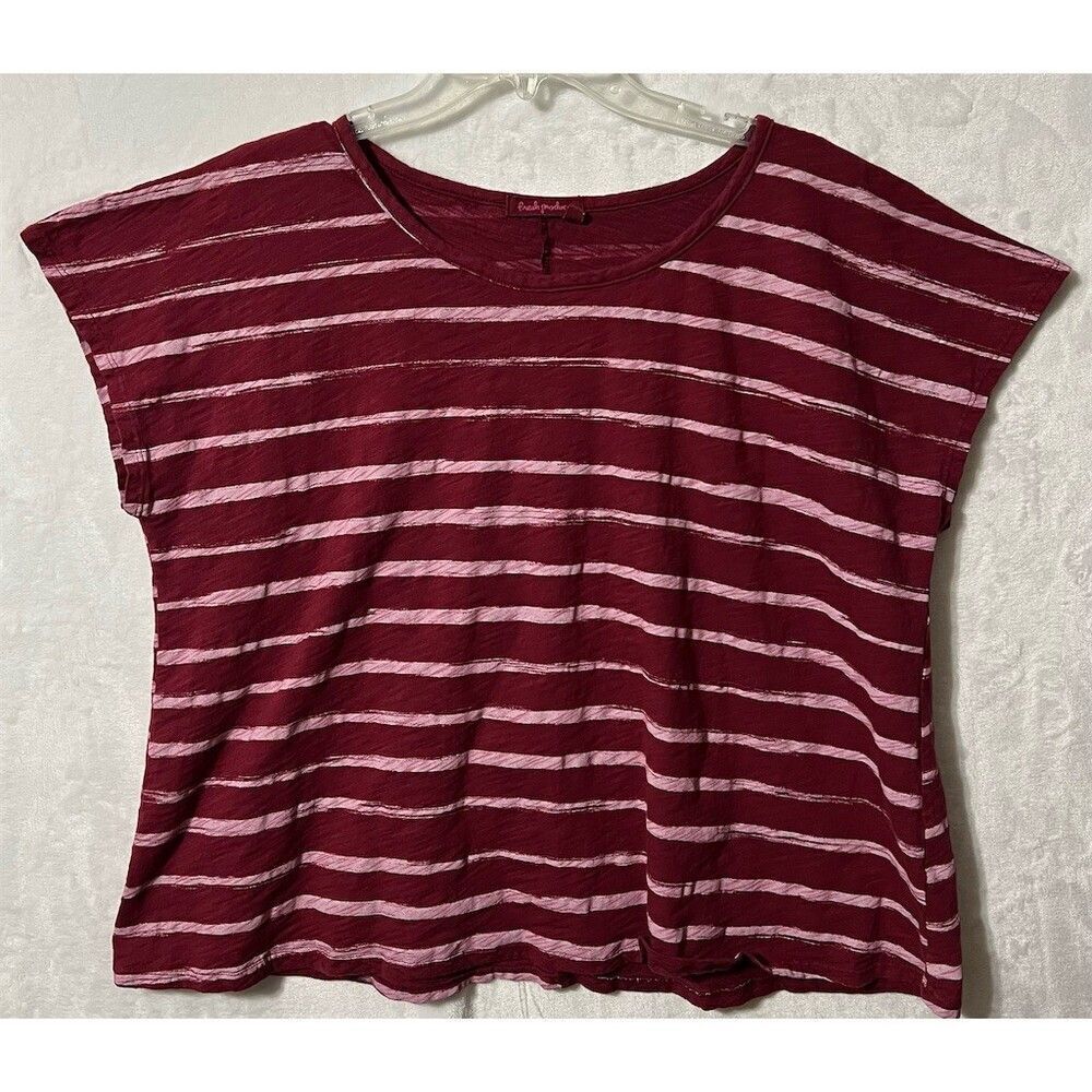 Fresh Produce Womens T-Shirt Size One Size Burgundy Pink Striped Cap Sleeve